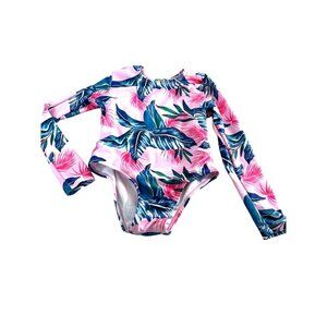 120 Toddler Girls Swim Suit Pink/Green/Multicolored Long Sleeves Size 3-4